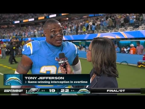 Tony Jefferson reacts to GAME-WINNING INTERCEPTION on Jalen Hurts in Chargers' OT win | NFL on ESPN