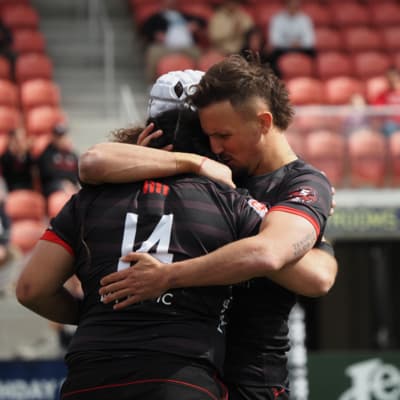 Lance Williams, forwards coach Robbie Abel after the Warriors' slump-busting upset win over Rugby ATL