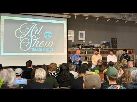 Fans, photographer and players at the 2025 Timbers Year in Photos Art Show at Powell's City of Books